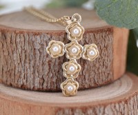 Gold Pearl Cross Pendant Necklace