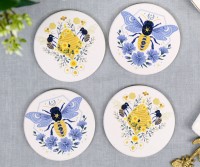 Set 4 Blue Bees Coasters - Round