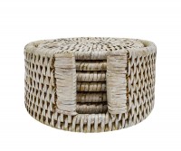 Set 6 Clontarf Whitewash Rattan Coasters with Holder