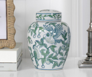 Small Orleans Parrots Green Ginger Jar
